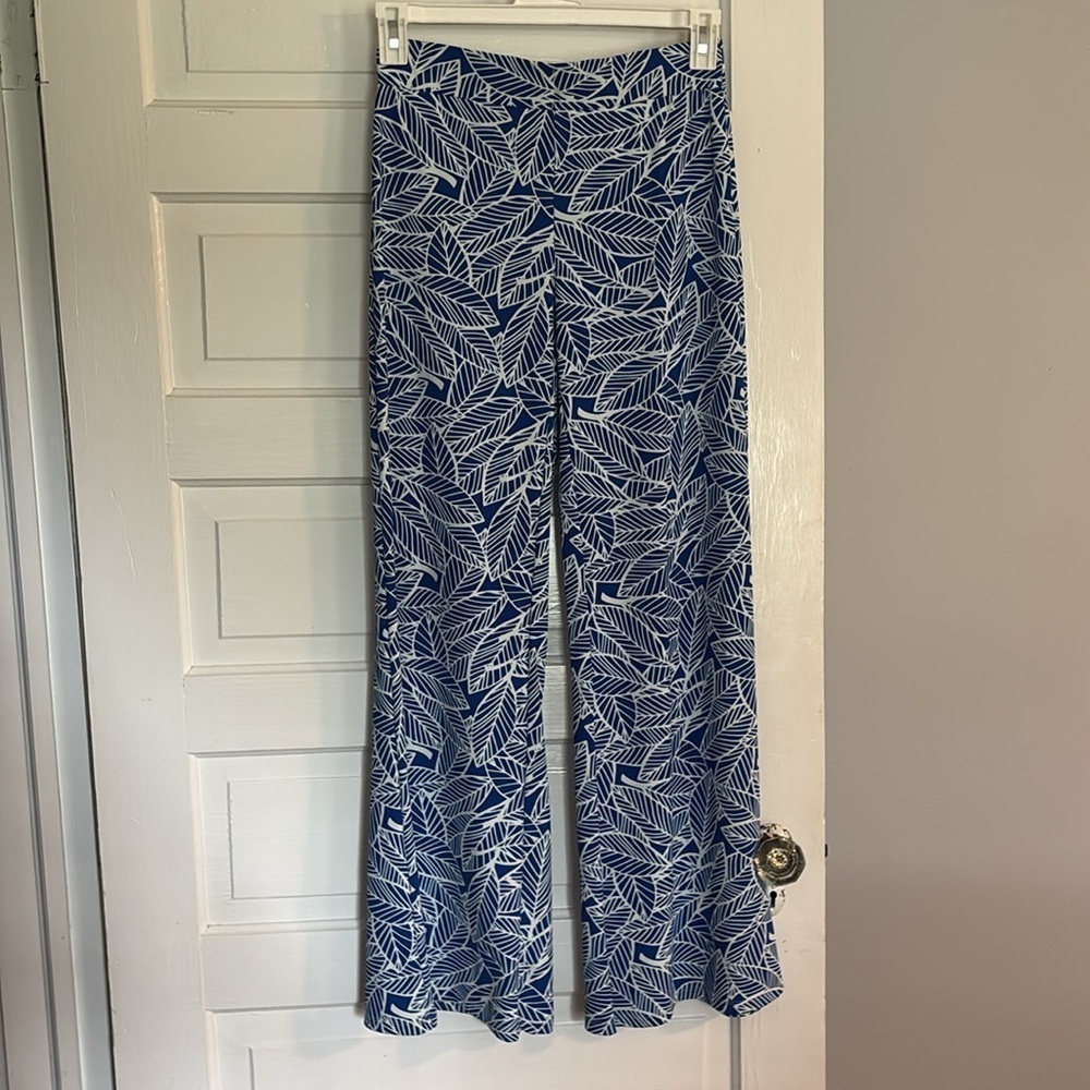 All For Color Blue and White Leaf Print Wide Leg Pants - Picture 3 of 4